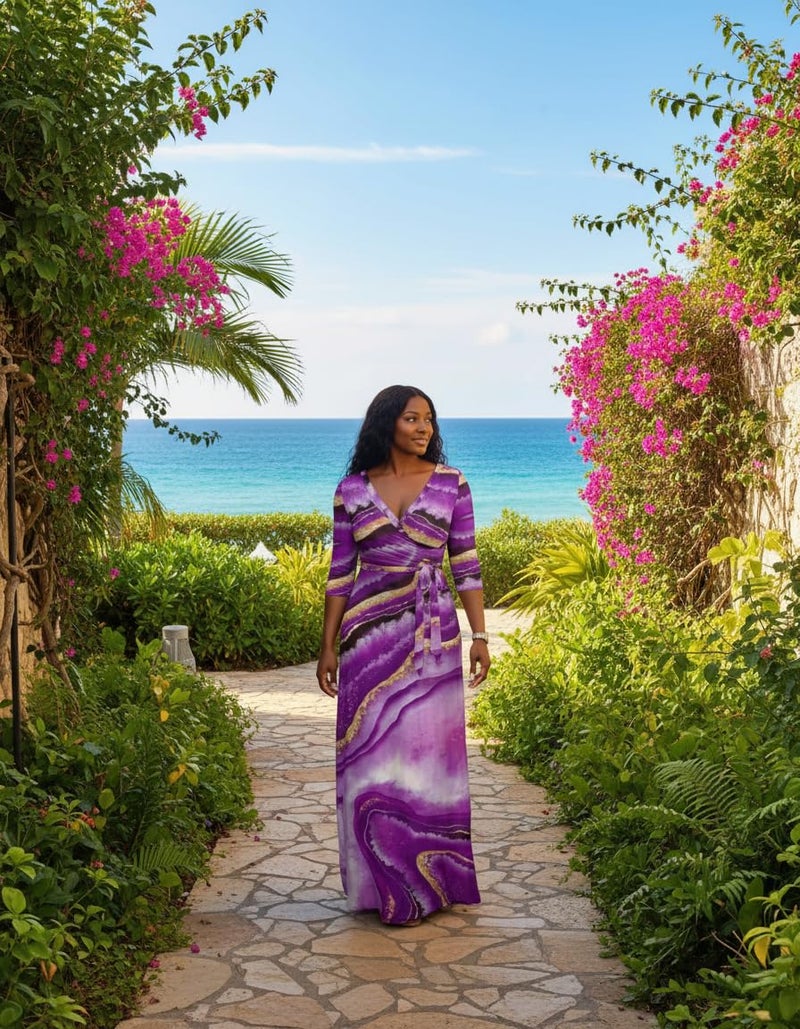 FANDEE Plus Size Maxi Dress for Women Casual Summer Sundress V-Neck 3/4 Sleeve(Purple Stripe,3X-Large) - Image 1