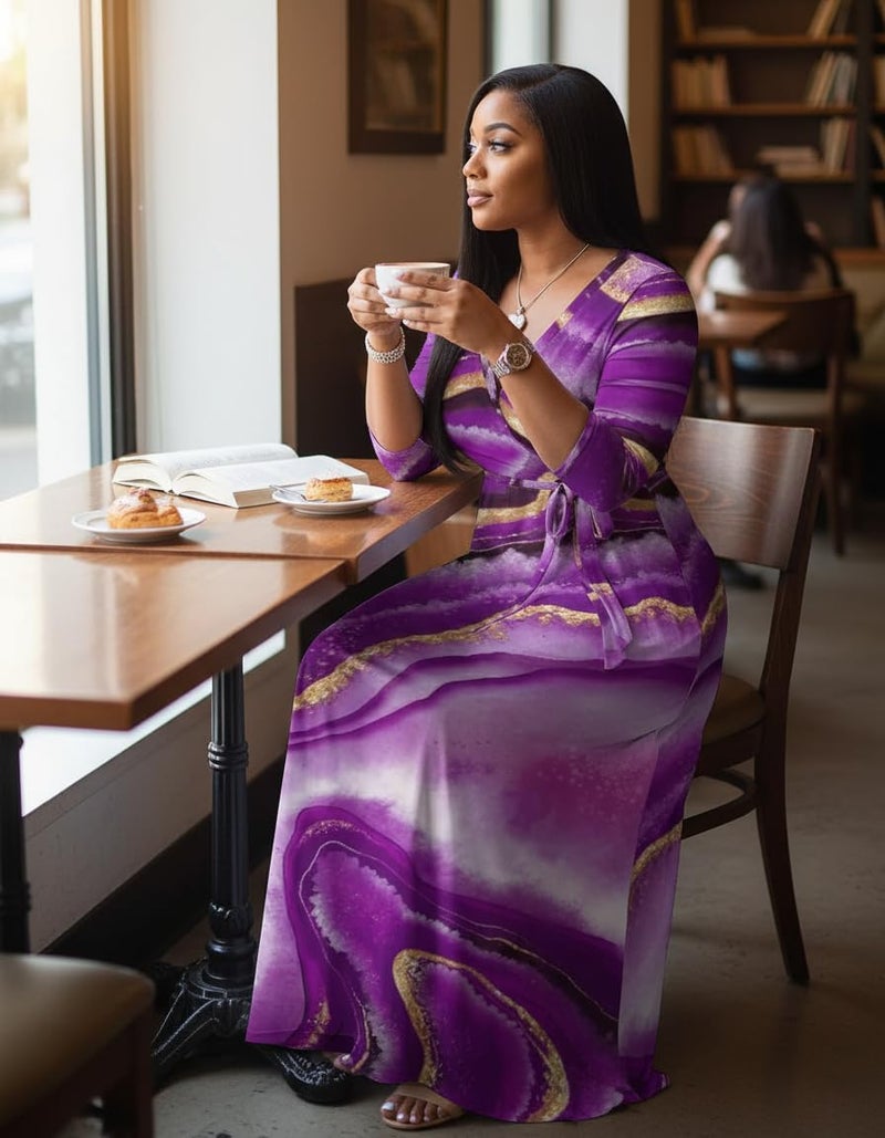 FANDEE Plus Size Maxi Dress for Women Casual Summer Sundress V-Neck 3/4 Sleeve(Purple Stripe,3X-Large) - Image 2