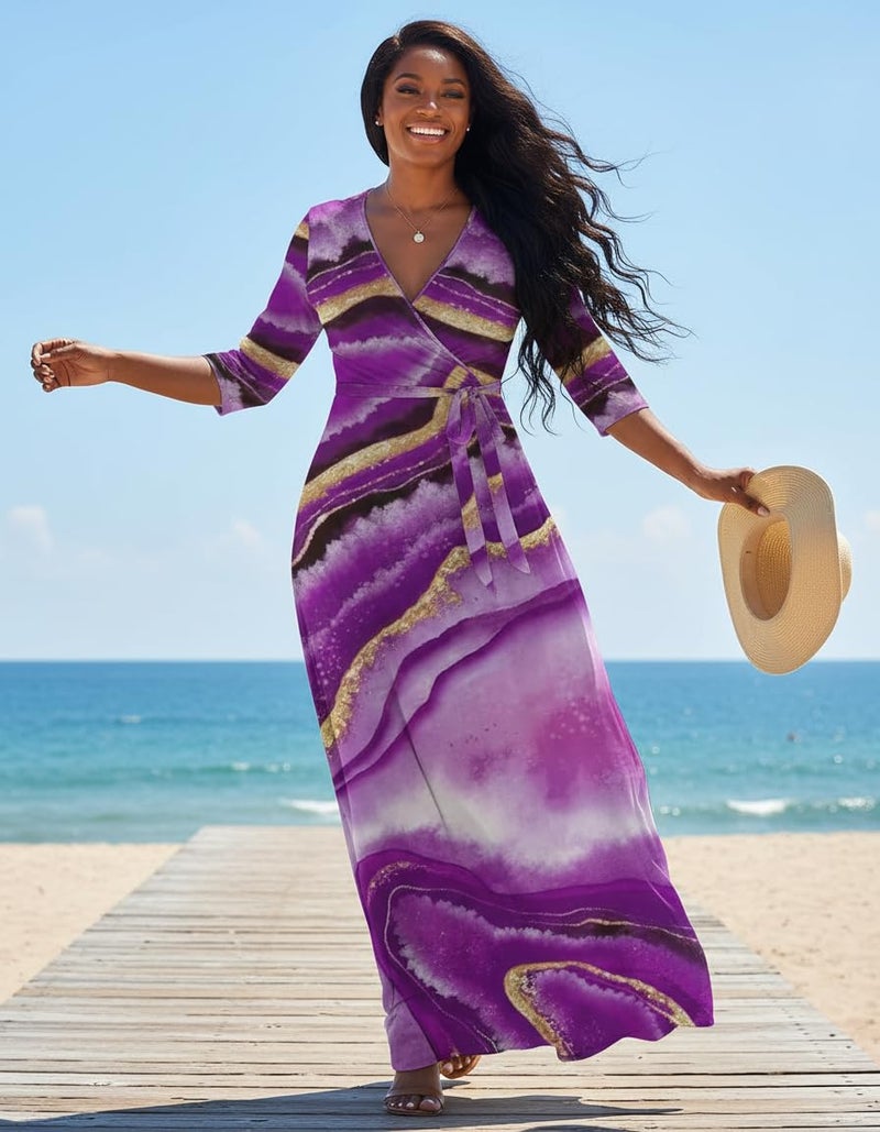 FANDEE Plus Size Maxi Dress for Women Casual Summer Sundress V-Neck 3/4 Sleeve(Purple Stripe,3X-Large) - Image 3