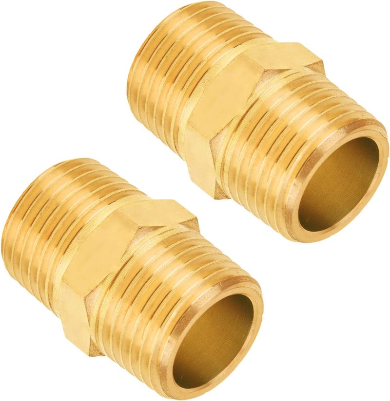 SUNGATOR 1/2 Inch Male Hex Nipples, 1/2'' NPT Male Brass Pipe Fitting Adapters, Brass 1/2'' Hex Nipple Pipe Extension Fittings (2-Pack) - Image 1