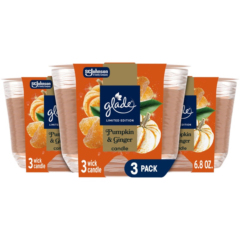Glade 3-Wick Scented Candle Jar, Pumpkin & Ginger, Air Freshener Infused with Essential Oils, 6.8 Oz, 3 Count - Image 1