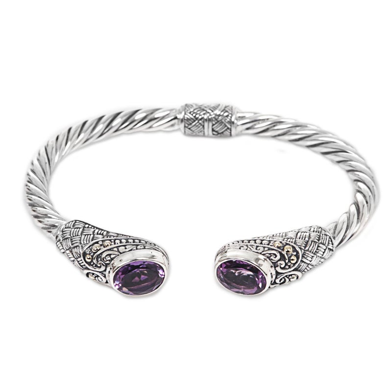 NOVICA Artisan Handmade Amethyst Cuff Bracelet Crafted from Indonesia Sterling Silver Gold Accent Purple Birthstone [6.25 in L (end to End) x 0.3 in W] ' Sterling Rope' - Image 1