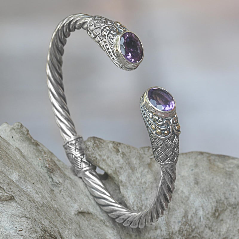 NOVICA Artisan Handmade Amethyst Cuff Bracelet Crafted from Indonesia Sterling Silver Gold Accent Purple Birthstone [6.25 in L (end to End) x 0.3 in W] ' Sterling Rope' - Image 3