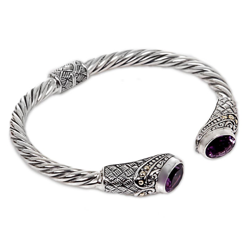 NOVICA Artisan Handmade Amethyst Cuff Bracelet Crafted from Indonesia Sterling Silver Gold Accent Purple Birthstone [6.25 in L (end to End) x 0.3 in W] ' Sterling Rope' - Image 2