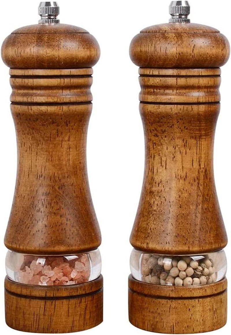 DELFINO Pepper Grinder, Wood Salt and Pepper Grinder Mills Sets, Classic Manual Salt Grinder Refillable Pepper Mill Sets with Acrylic Visible Window Adjustable Ceramic Grinding Rotor 6.5inch 2 Pack - Image 1