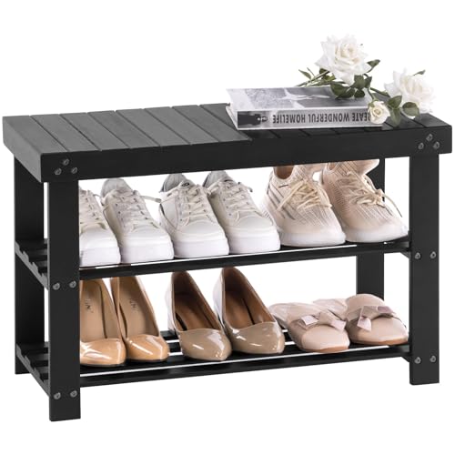 Apicizon Bamboo Shoe Rack for Entryway, 3-Tier Shoe Rack Bench for Front Door Entrance, Small Shoe Organizer with Storage, Black - Image 1