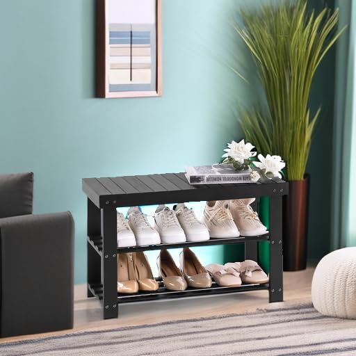 Apicizon Bamboo Shoe Rack for Entryway, 3-Tier Shoe Rack Bench for Front Door Entrance, Small Shoe Organizer with Storage, Black - Image 5