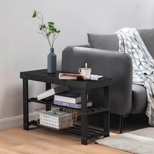 Apicizon Bamboo Shoe Rack for Entryway, 3-Tier Shoe Rack Bench for Front Door Entrance, Small Shoe Organizer with Storage, Black - Image 4