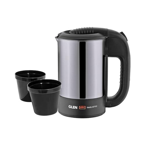 Glen Electric Travel Kettle 0.5 Litre Stainless Steel 2 Plastic Cups, Auto Shut-Off 1000 W -Silver and Black (9013), 2 Years Warranty - Image 1
