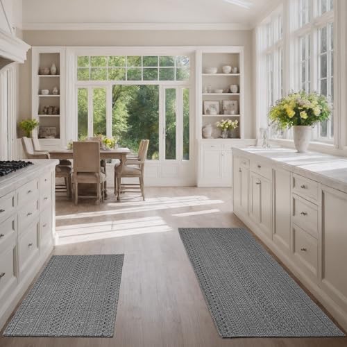 MatEssenz Kitchen Rugs, Kitchen Mats for Floor, Machine Washable Rugs 20"x30"+20"x48" Boho Style, Anti-Skid TPR Backing for Kitchen, Laundry, Durable, Easy Clean Spring & Everyday Use - Grey - Image 1