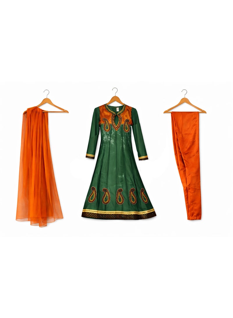 جوليتي إل إل سي طقم فستان تقليدي للبنات | عمر 14–15 سنة | 3 قطع مع شال (فستان، بنطال ووشاح) | أخضر وبرتقالي - Image 2