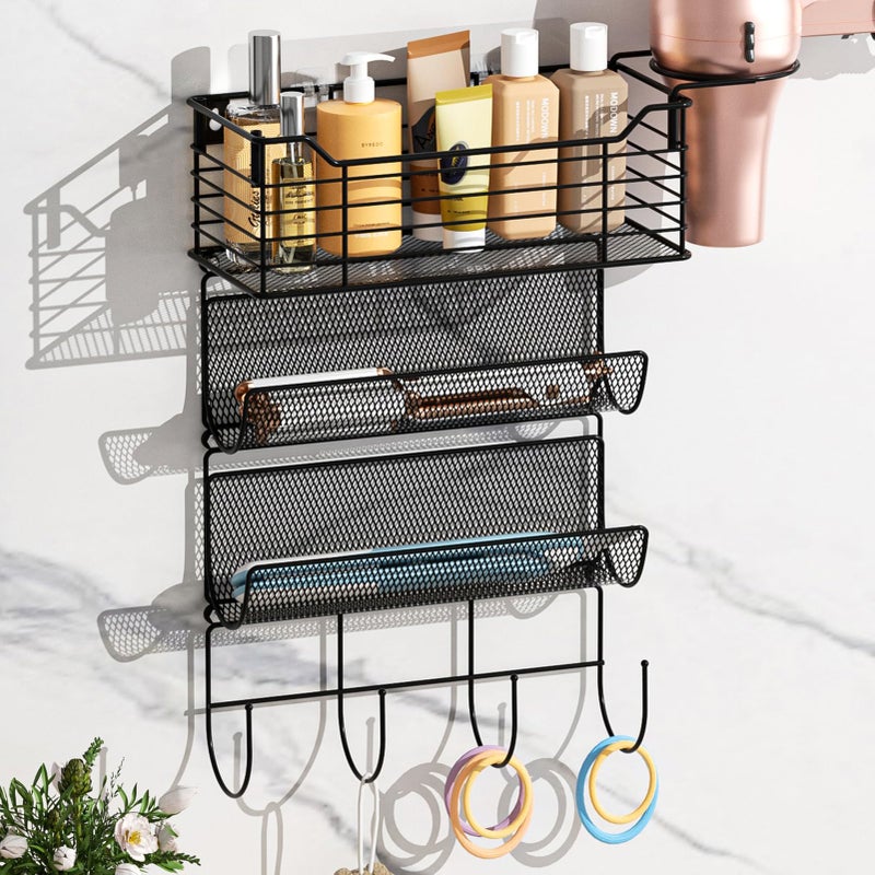 VITVITI Metal Hair Tool Organizer Wall Mount, Hair Dryer Holder with 3 Tier Shelf Basket Hooks, Bathroom Hair Styling Tool Organizer for Curling Iron/Blow Dryer/Straightener, Matte Black - Image 1