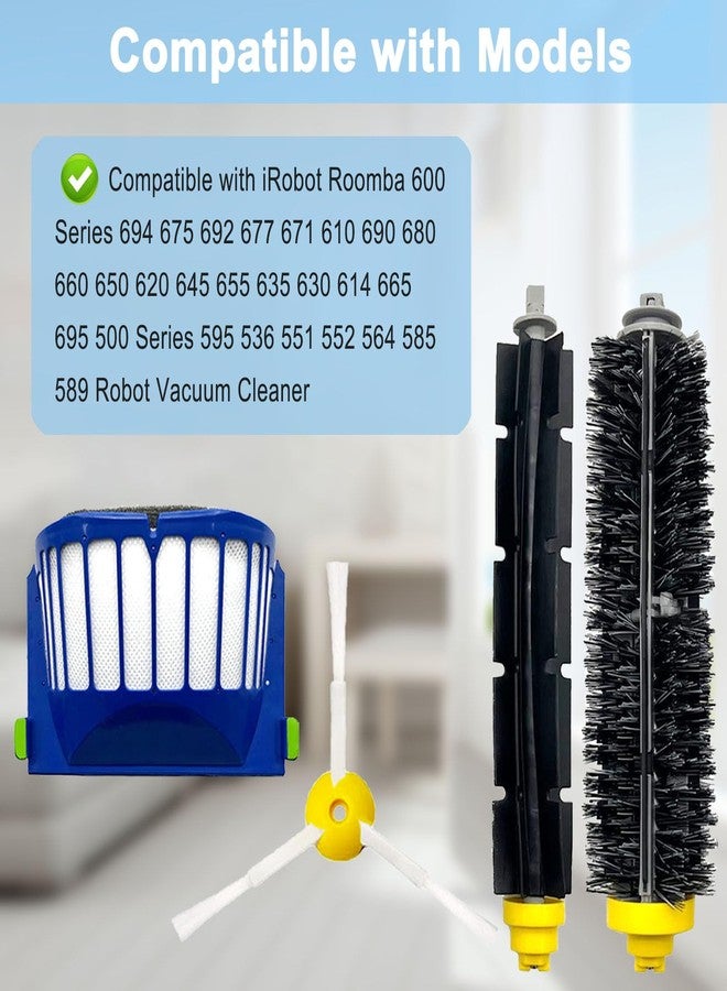 قطع غيار لروبوت التنظيف Roomba موديلات 694، 692، 676، 675، 677، 671، 610، 690، 680، 660، 650، 620، 645، 655، 635، 614، 595، 585، 564، 589، 536، تتضمن: فرشاة شعيرات وفرشاة دوارة، 3 فلاتر، و4 فرش جانبية. - Image 2