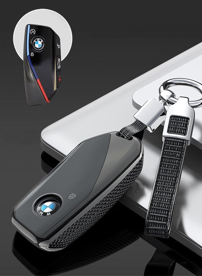 غطاء مفتاح السيارة مع سلسلة مفاتيح، غطاء مفتاح السيارة لسيارات BMW الفئة 3 و5 و7 وX1 وX3 وX5 وX7 وIX وXM U11735i و740Li موديلات 2023 و2024، واقي مفتاح السيارة الذكي عن بعد من BMW، غطاء مفتاح السيارة (أسود) - Image 1