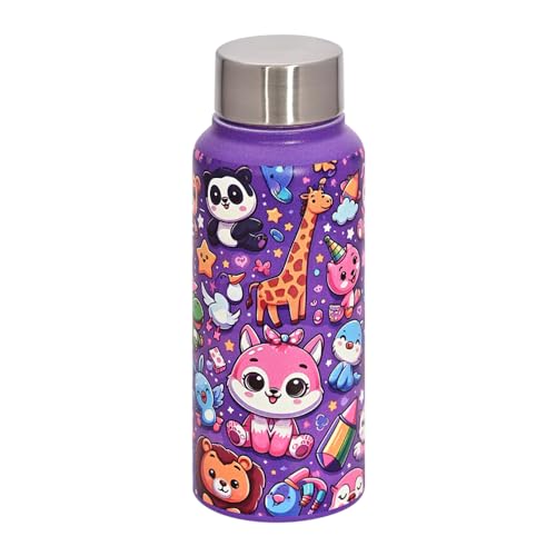 VELLORA Panda Animated Stainless Steel Water Bottle for Kids,School Water Bottle for Kids,Picnic Water Bottle,Sipper Bottle,Leak-Proof Bottle for Kid Travel Girls 500 ml (Purple) - Image 1