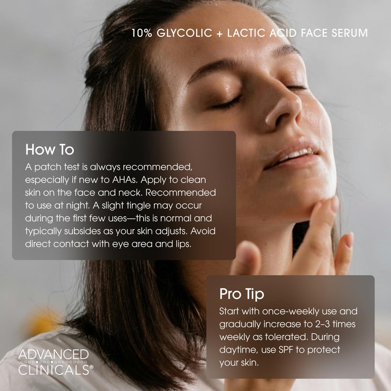 Advanced Clinicals Exfoliating 10% Glycolic Acid Serum For Face + Lactic Acid | Facial Exfoliant AHA + Salicylic Acid Serum To Improve Look Of Large Pores, Uneven Skin Tone, & Dark Spots, 1.75 FL Oz - Image 4