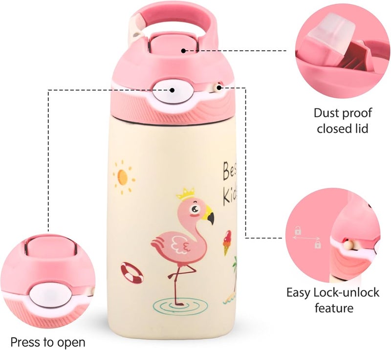BrainGiggles Stainless Steel Kids Water Bottle with Straw & Handle- Leakproof BPA Free Flask for Kids- 400 ml Pink Water Bottle for Girls - Water Bottle for School - Image 3