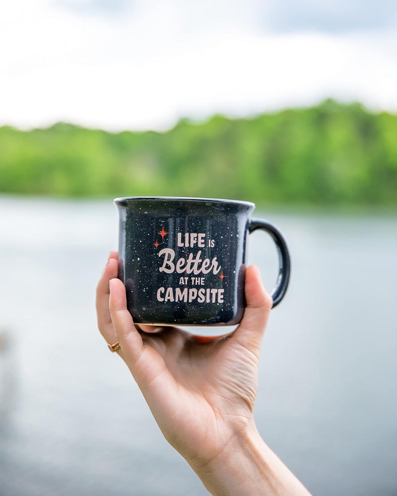 Camco Camco Life is Better at the Campsite Ceramic Mug  Microwave and Dishwasher Safe  Dark Speckled Blue Background with Red Retro Stars and Tan Life is Better at the Campsite Design  14 oz 53473 - Image 3