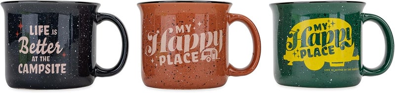 Camco Camco Life is Better at the Campsite Ceramic Mug  Microwave and Dishwasher Safe  Dark Speckled Blue Background with Red Retro Stars and Tan Life is Better at the Campsite Design  14 oz 53473 - Image 2