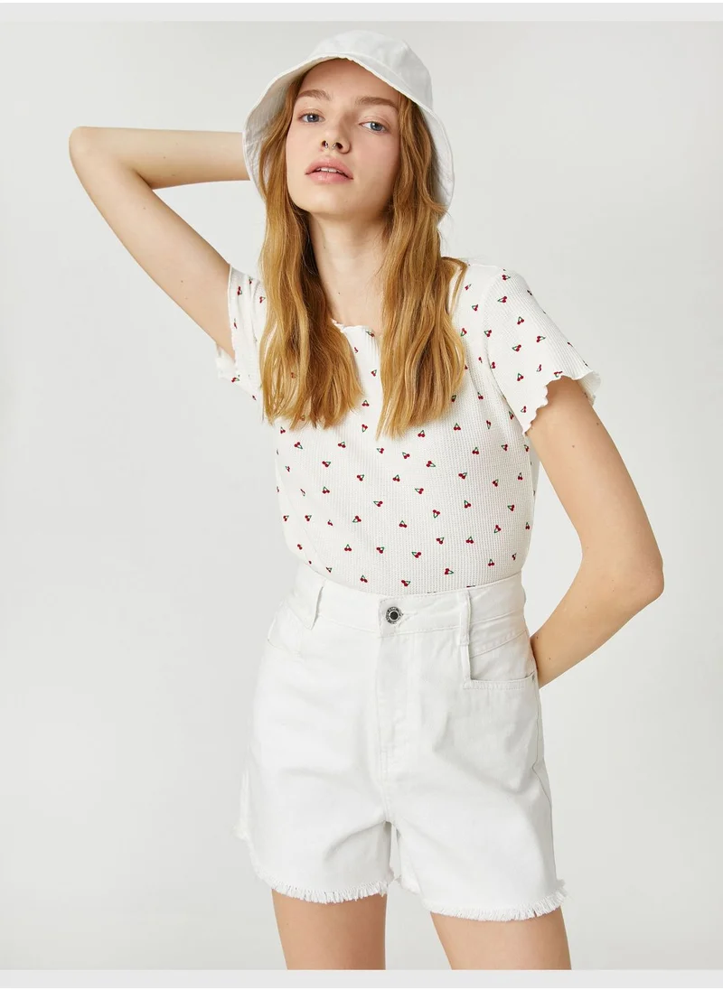 كوتون Minimal Printed Short Sleeve Round Neck Crop T-Shirt