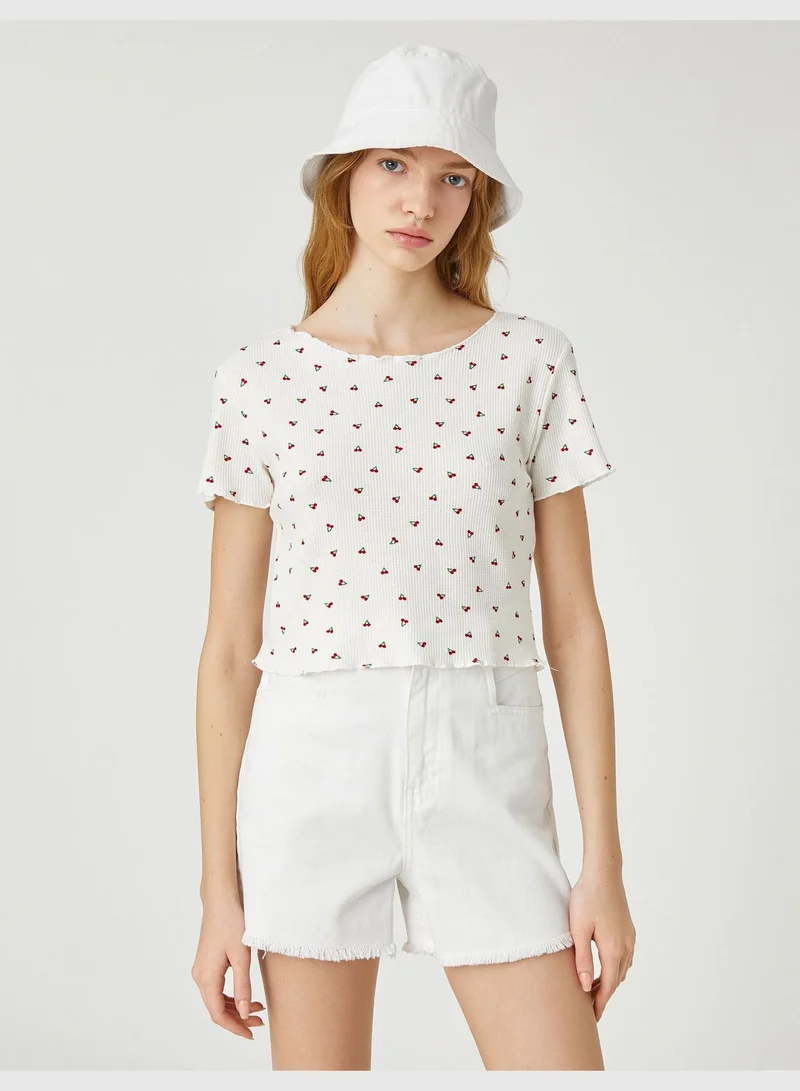 KOTON Minimal Printed Short Sleeve Round Neck Crop T-Shirt