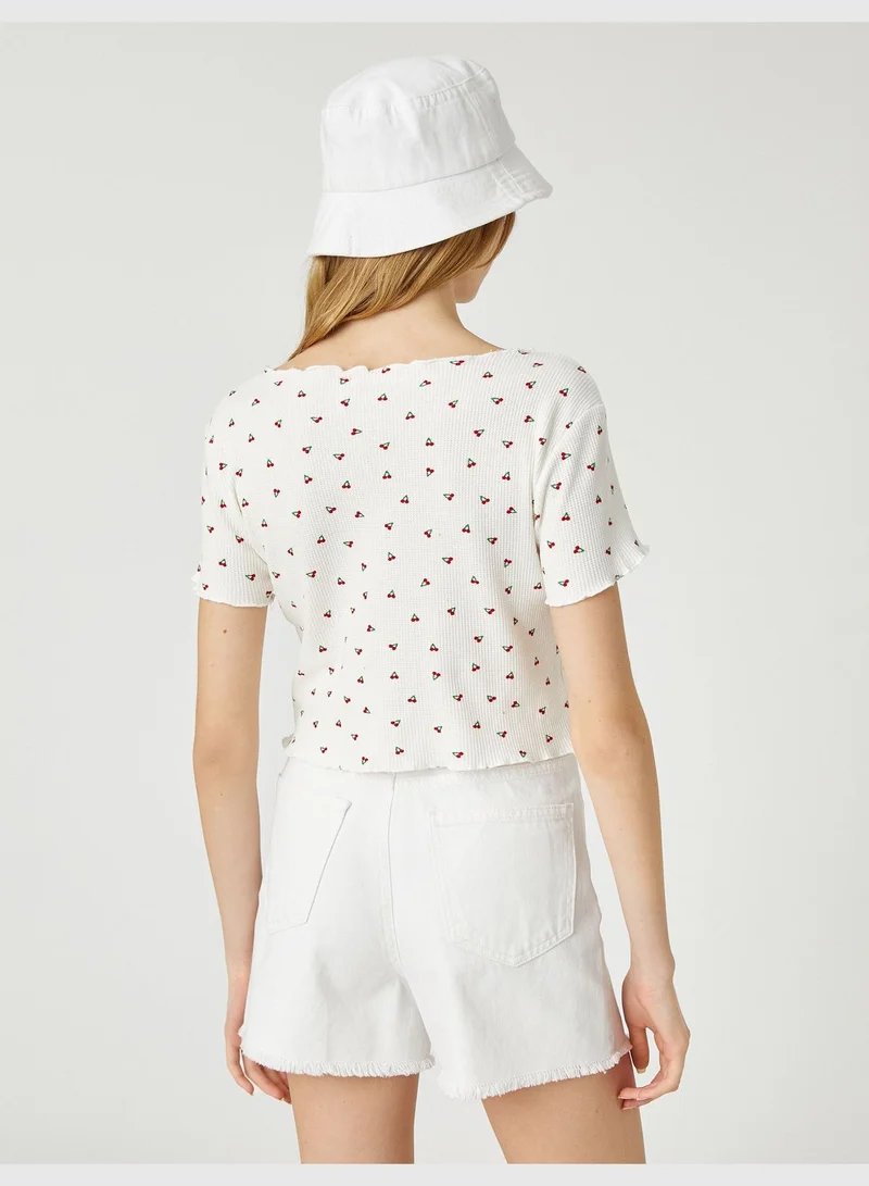 KOTON Minimal Printed Short Sleeve Round Neck Crop T-Shirt