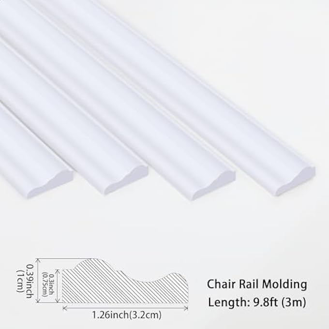 PEEL AND STICK LIGHTWEIGHT TPE CHAIR RAIL, MOLDING TRIM FOR HOME DECORATION & WALL PROTECTION (PAINTABLE WHITE, 3M X 3.2CM) - Image 3