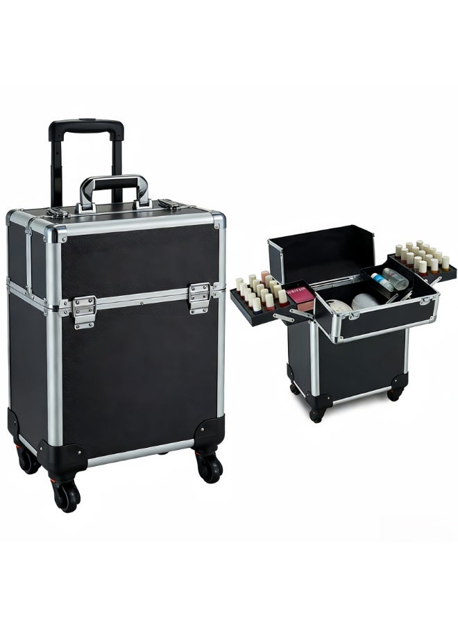 حقيبة مكياج متنقلة، حقيبة أدوات تجميل احترافية من الألومنيوم مزودة بعجلات دوارة 360 درجة ومفتاح، حقيبة حلاقة متنقلة لفنيي الأظافر، حقيبة تجميل لمصففي الشعر - Image 1
