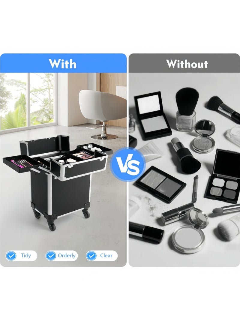 حقيبة مكياج متنقلة، حقيبة أدوات تجميل احترافية من الألومنيوم مزودة بعجلات دوارة 360 درجة ومفتاح، حقيبة حلاقة متنقلة لفنيي الأظافر، حقيبة تجميل لمصففي الشعر - Image 2