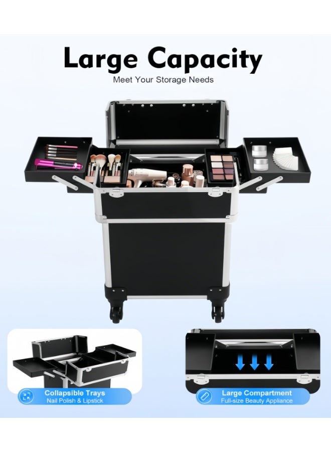 حقيبة مكياج متنقلة، حقيبة أدوات تجميل احترافية من الألومنيوم مزودة بعجلات دوارة 360 درجة ومفتاح، حقيبة حلاقة متنقلة لفنيي الأظافر، حقيبة تجميل لمصففي الشعر - Image 4