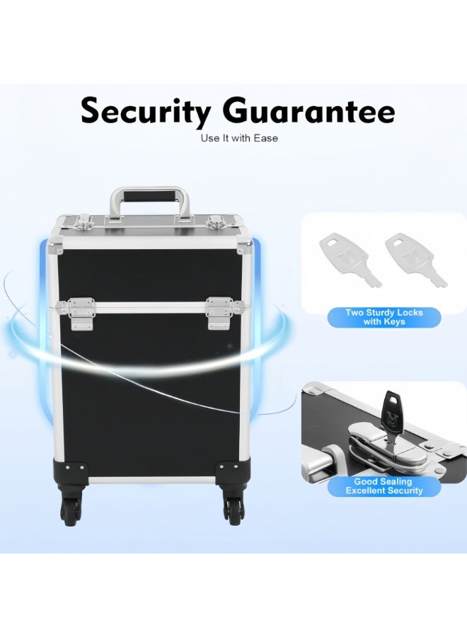 حقيبة مكياج متنقلة، حقيبة أدوات تجميل احترافية من الألومنيوم مزودة بعجلات دوارة 360 درجة ومفتاح، حقيبة حلاقة متنقلة لفنيي الأظافر، حقيبة تجميل لمصففي الشعر - Image 5
