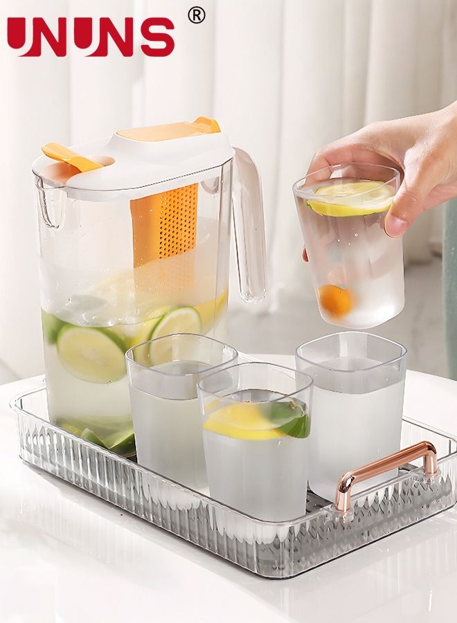 UNUNS 5-Piece Teapot Pot Set,1 Teapot And 4 Cups,2.4 L Water Jug With Lids And Tea Leak,Cold And Hot Glass Pitcher Kettle,Great For Iced Tea Lemonade Coffee Milk Juice - Image 1