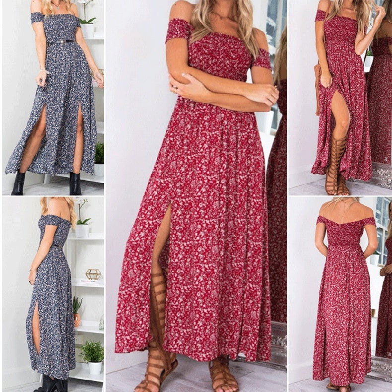 Cross-border supply 2021 summer Europe and the United States hot selling women's clothing wrap chest style floral print long skirt factory supply dress red S - Image 2