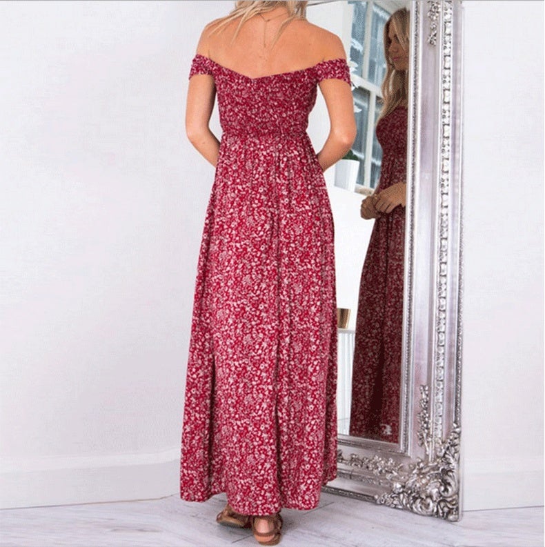 Cross-border supply 2021 summer Europe and the United States hot selling women's clothing wrap chest style floral print long skirt factory supply dress red S - Image 4