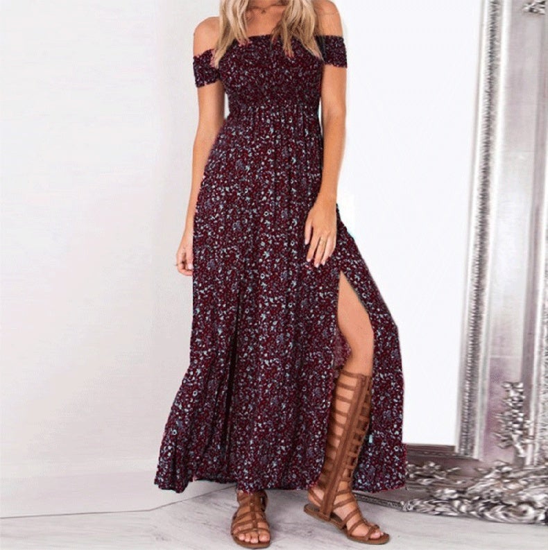 Cross-border supply 2021 summer Europe and the United States hot selling women's clothing wrap chest style floral print long skirt factory supply dress red S - Image 3