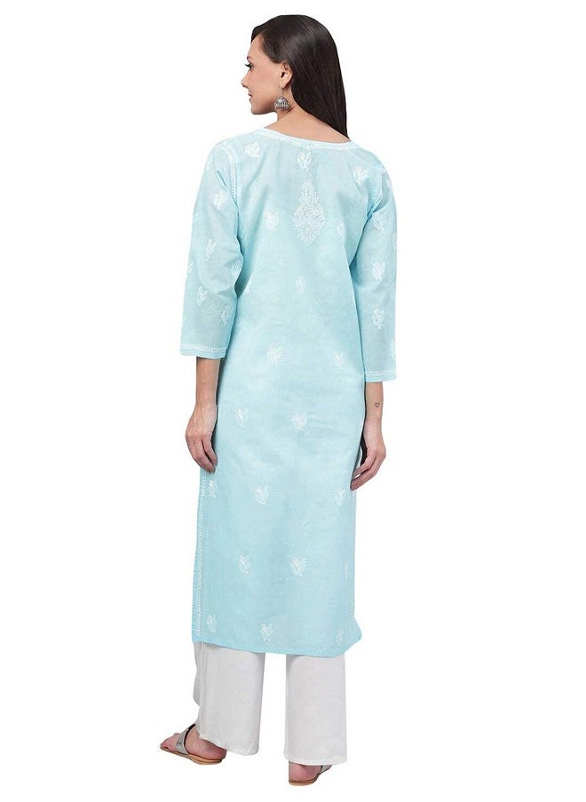 ADA - Ada Hand Embroidered Lucknowi Chikankari Straight Cotton Kurta Kurti for Women A133664 Blue (XL) - Image 1