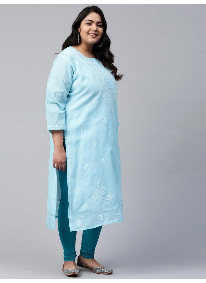 ADA - Ada Hand Embroidered Lucknowi Chikankari Straight Cotton Kurta Kurti for Women A133664 Blue (XL) - Image 1