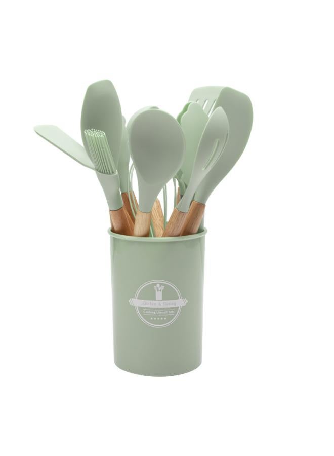 Wooden Handle Silicone Kitchenware Suit -piece Non-stick Pan Cooking Shovel Spoon Storage Barrel Silicone Kitchenware 2-piece Set