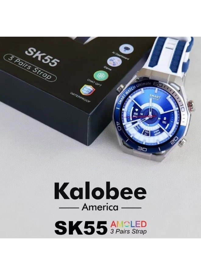 Kalobee SK55 Smartwatch AMOLED Display, Always-On Screen, Bluetooth Calling, 3 Strap Set, IP68 Waterproof, Dynamic Island UI, Heart Rate & SpO2 Monitor, Multi Sports Modes, Smart Notifications, Long Battery Life - Image 3