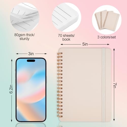 Utron 3 PCS Small Spiral Notebook 5x7, Notebooks for Note Taking, Beige Spiral Journal Notebook, Work Notebook Small Notebooks 5x7 with Strap, Cute Notebooks for Women 70 Sheets/Note Books - Image 2