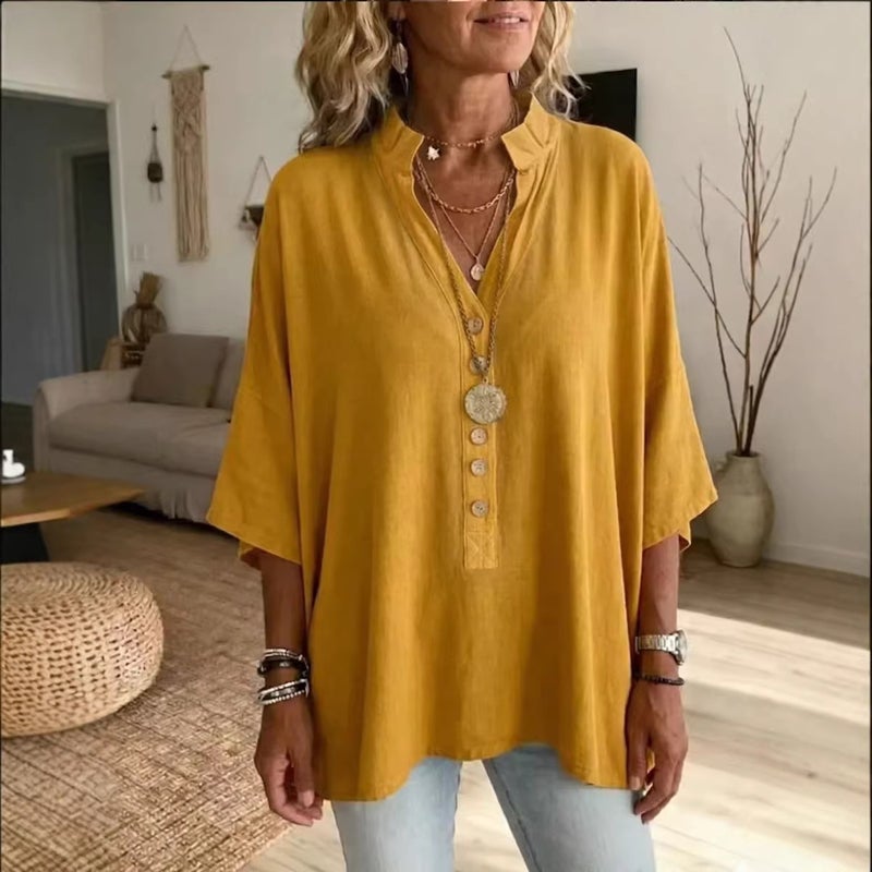 تي شيرت تونيك نسائي بأكمام نصفية وياقة V من الكتان الناعم - Image 2