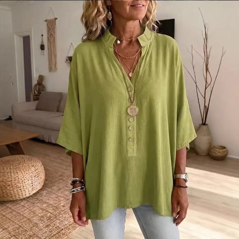 تي شيرت تونيك نسائي بأكمام نصفية وياقة V من الكتان الناعم - Image 1