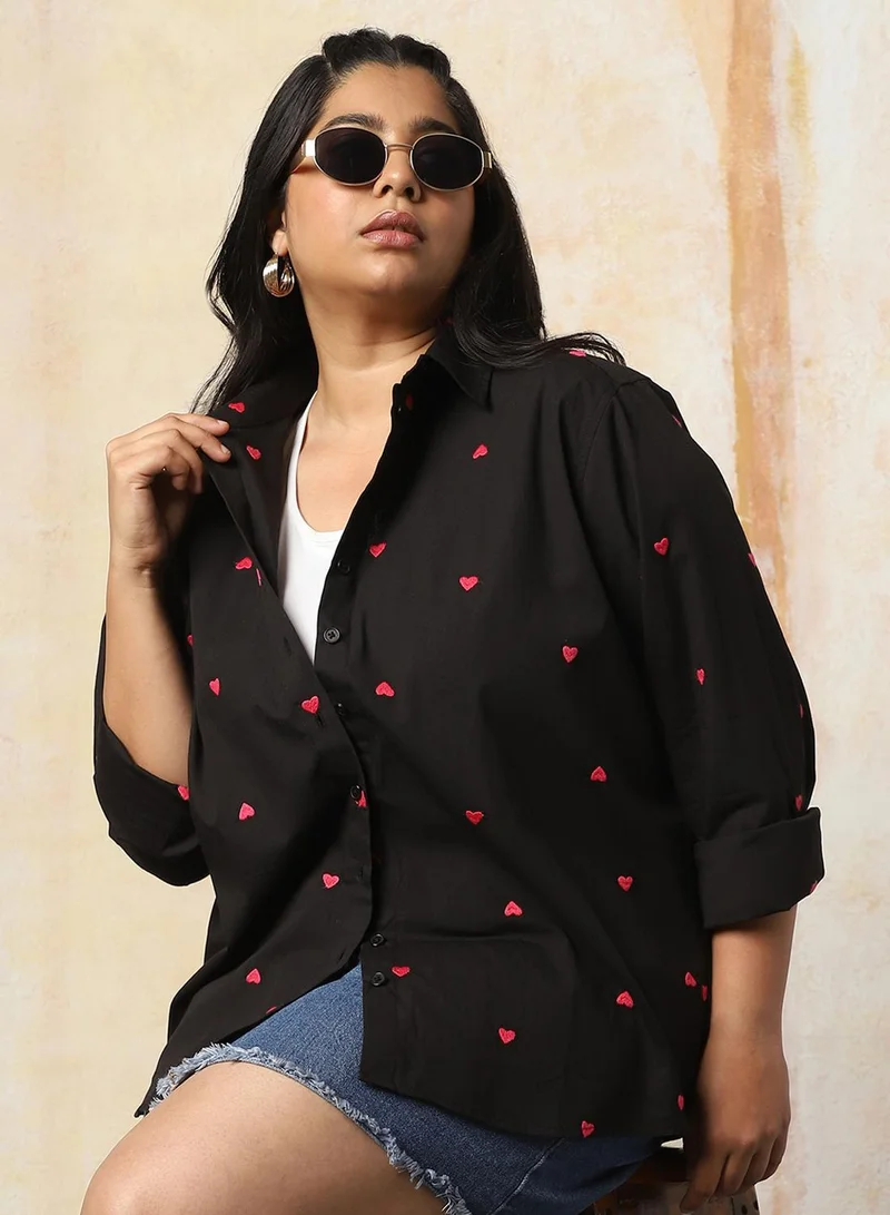 HIGH STAR Women Plus Size Oversized Fit Heart Embroidered Cotton Casual Shirt