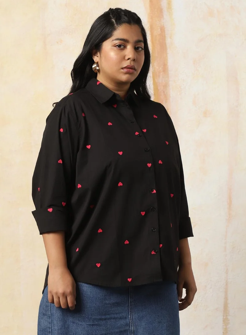 Women Plus Size Oversized Fit Heart Embroidered Cotton Casual Shirt