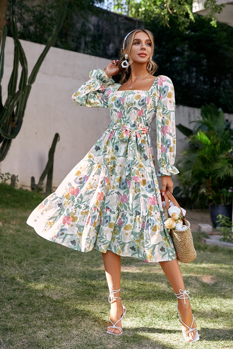 Glamaker Women's Boho Flowy Long Sleeve Floral Ruffle Smocked Maternity Tiered Flowy Midi Dress Multicoloured - Image 3