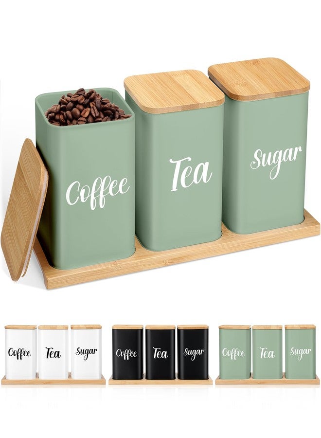 Tioncy Coffee Tea Sugar Container with Tray Set of 3 Airtight Metal Canister with Bamboo Lid Tray for Kitchen Counter Dining Room Farm House Kitchen Style Drink Station Organizer Set (Sage Green) - Image 1