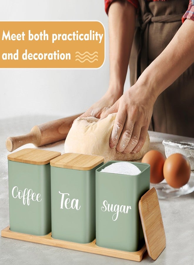 Tioncy Coffee Tea Sugar Container with Tray Set of 3 Airtight Metal Canister with Bamboo Lid Tray for Kitchen Counter Dining Room Farm House Kitchen Style Drink Station Organizer Set (Sage Green) - Image 5