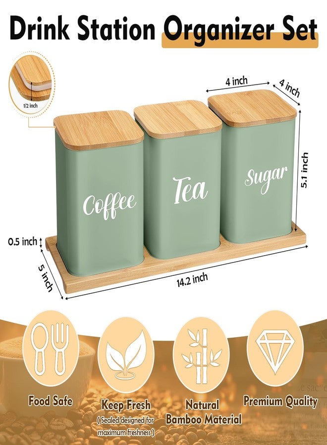 Tioncy Coffee Tea Sugar Container with Tray Set of 3 Airtight Metal Canister with Bamboo Lid Tray for Kitchen Counter Dining Room Farm House Kitchen Style Drink Station Organizer Set (Sage Green) - Image 2
