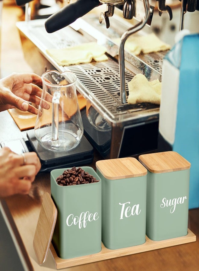 Tioncy Coffee Tea Sugar Container with Tray Set of 3 Airtight Metal Canister with Bamboo Lid Tray for Kitchen Counter Dining Room Farm House Kitchen Style Drink Station Organizer Set (Sage Green) - Image 4
