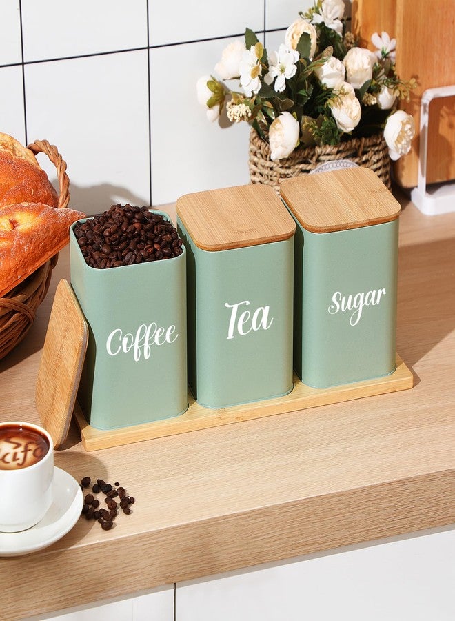 Tioncy Coffee Tea Sugar Container with Tray Set of 3 Airtight Metal Canister with Bamboo Lid Tray for Kitchen Counter Dining Room Farm House Kitchen Style Drink Station Organizer Set (Sage Green) - Image 3